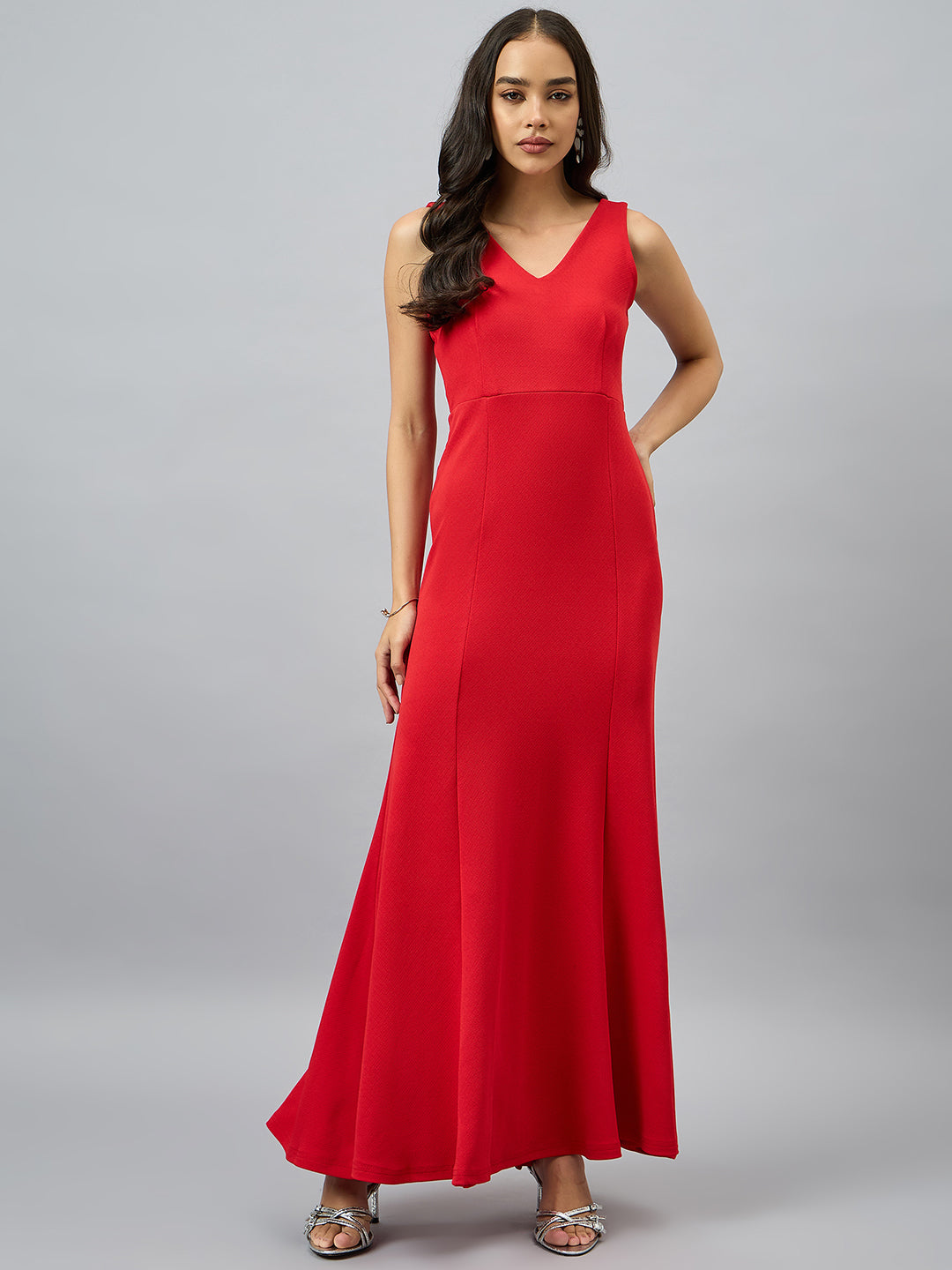 Solid Sleeveless V Neck Maxi Gown