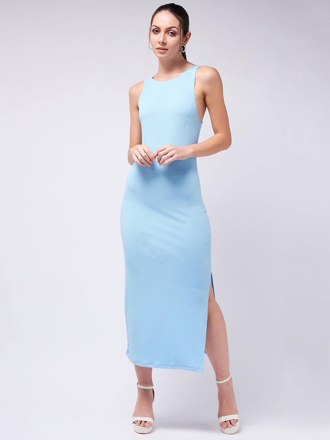 Ice Blue Side Slit Fitted Dress
