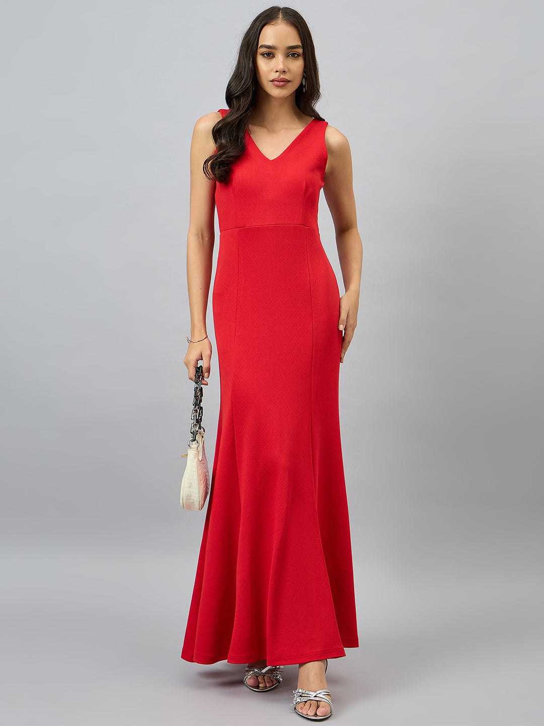 Solid Sleeveless V Neck Maxi Gown