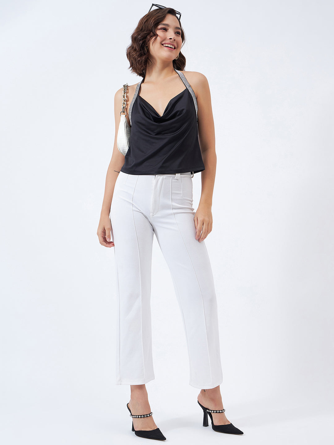 Draped neck rhinestone top