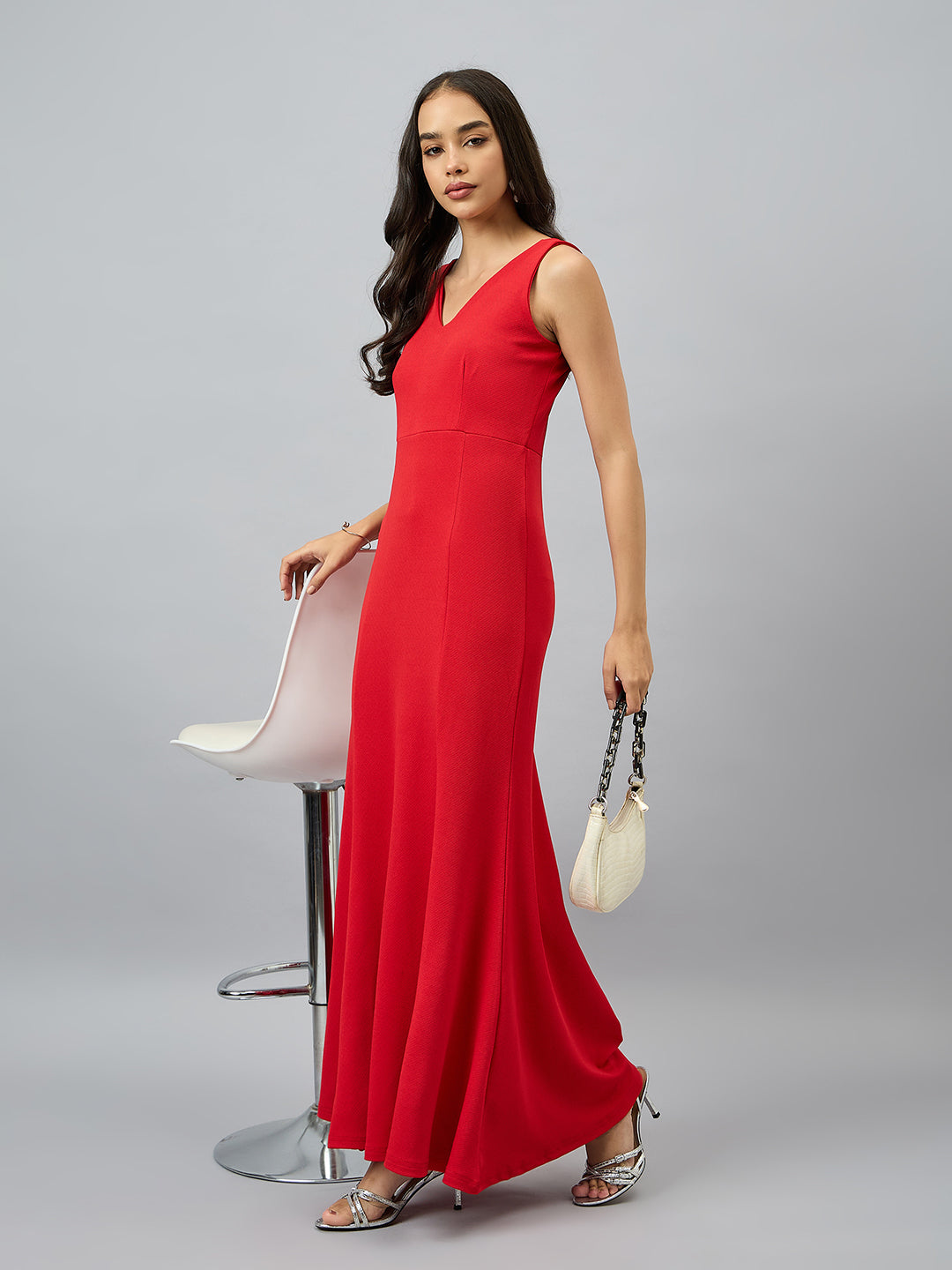 Solid Sleeveless V Neck Maxi Gown
