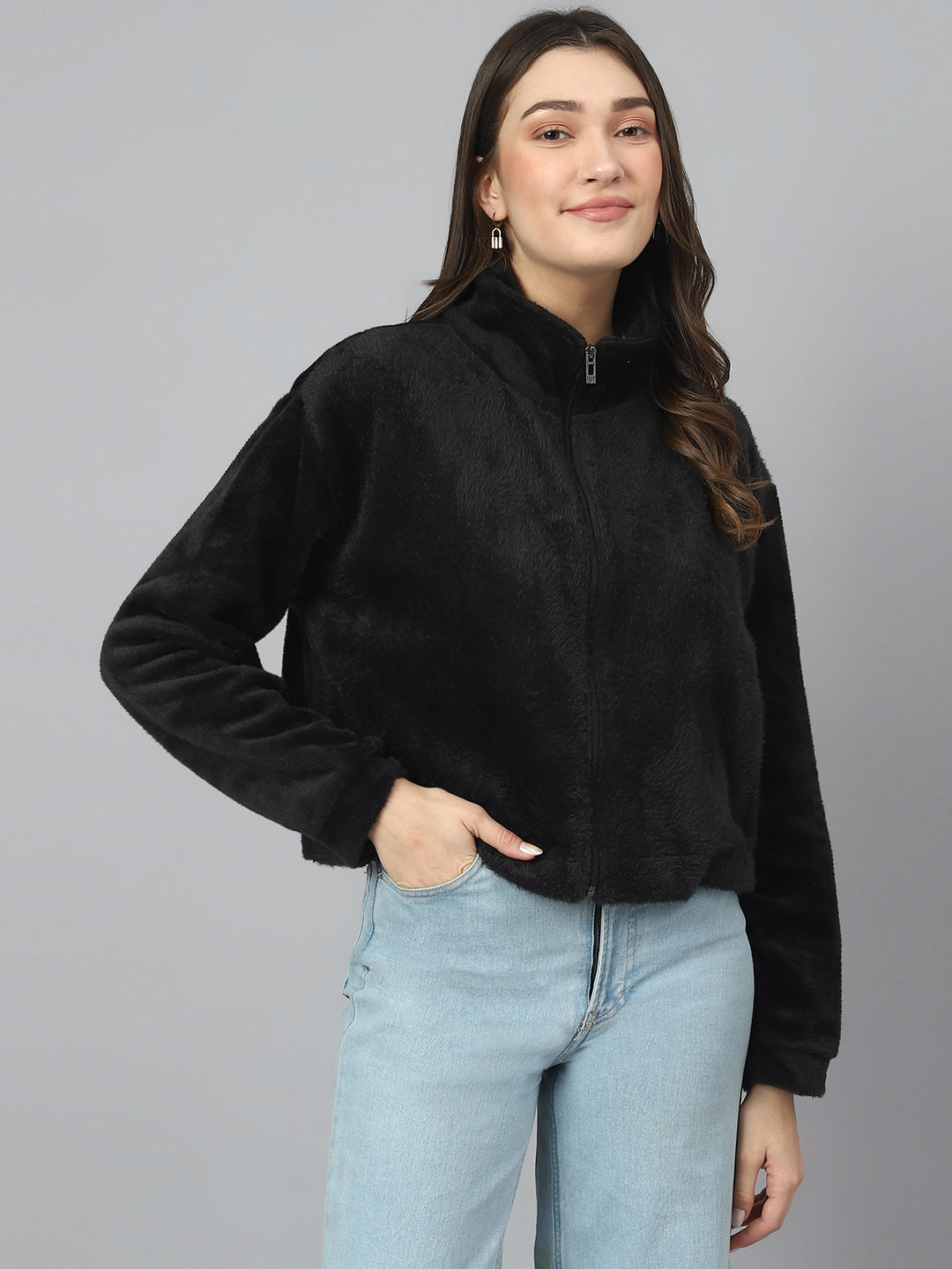 Black Oversized Fur Zipper