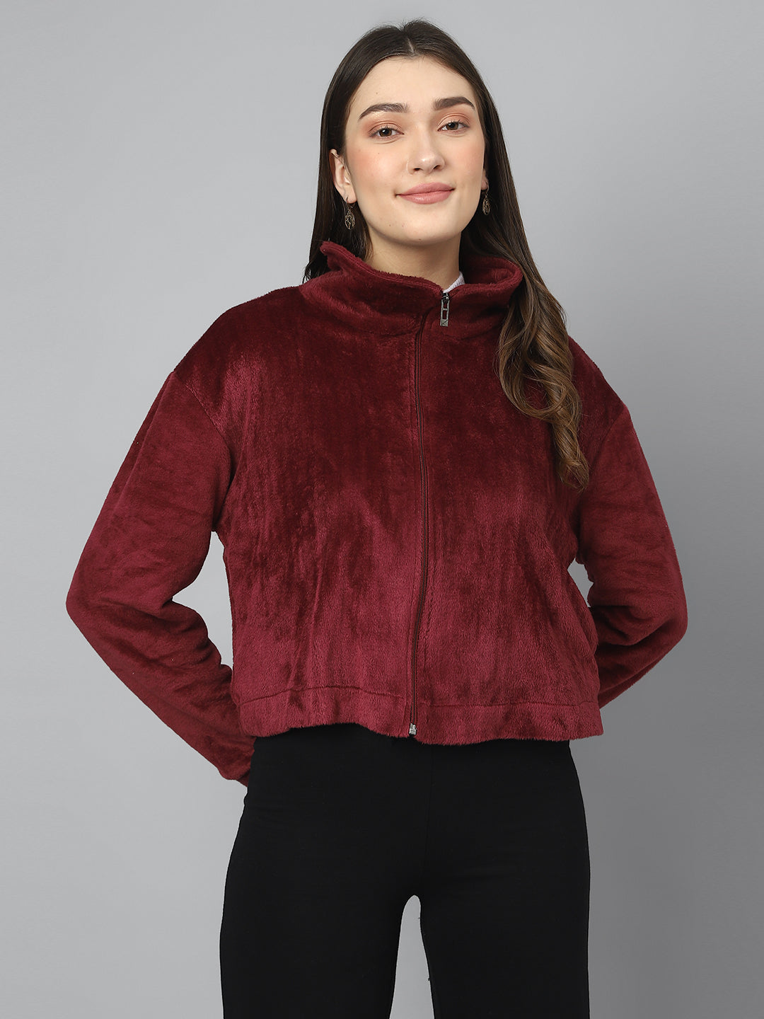 Wine Oversized Fur Zipper