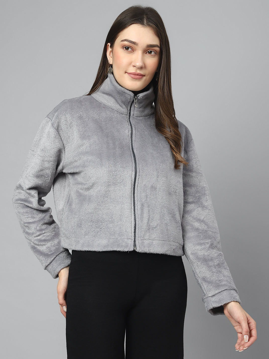 Grey Oversized Fur Zipper