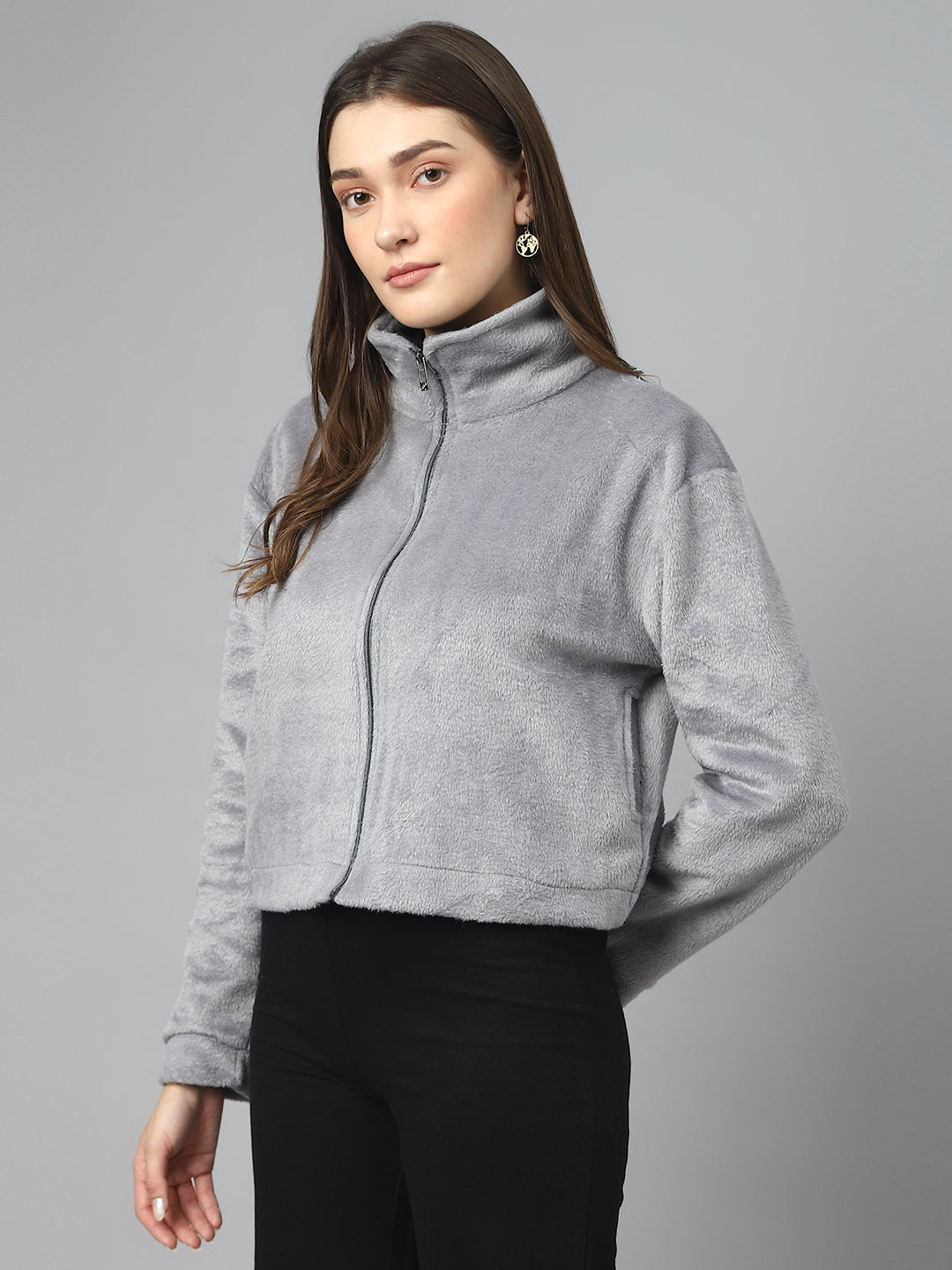 Grey Oversized Fur Zipper