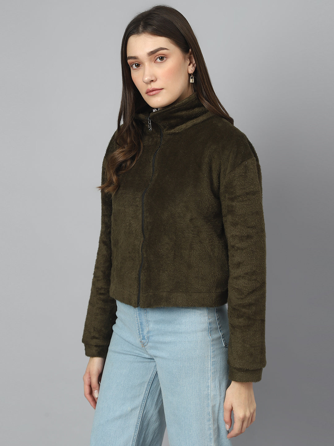 Olive Oversized Fur Zipper