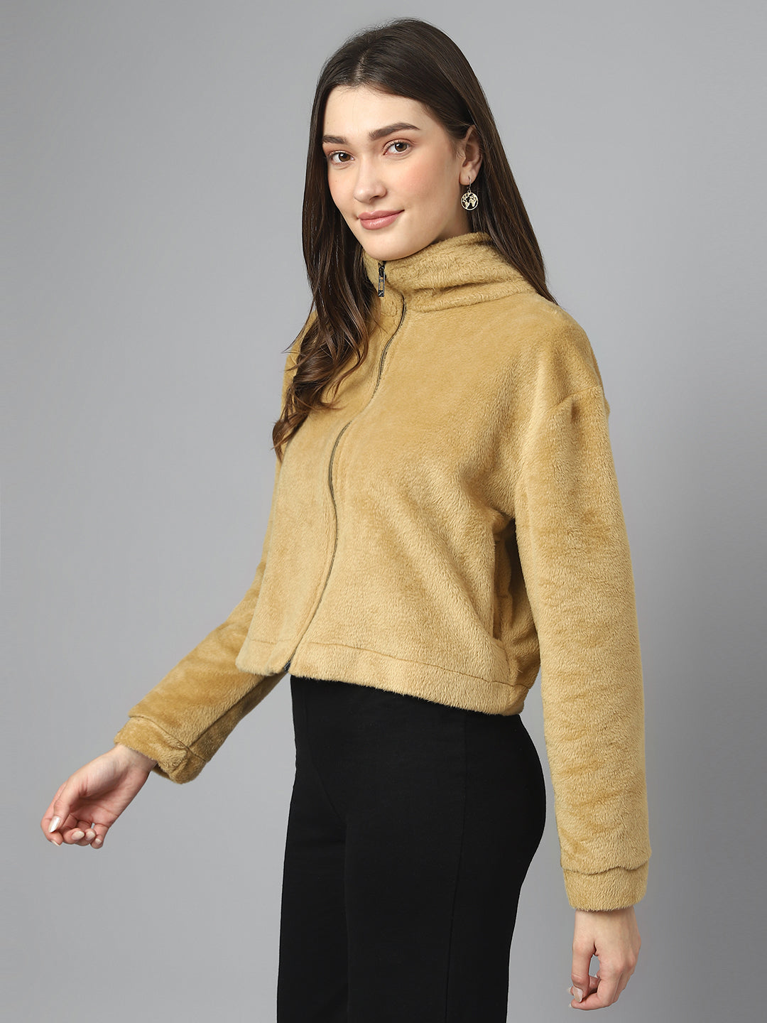 Camel Oversized Fur Zipper
