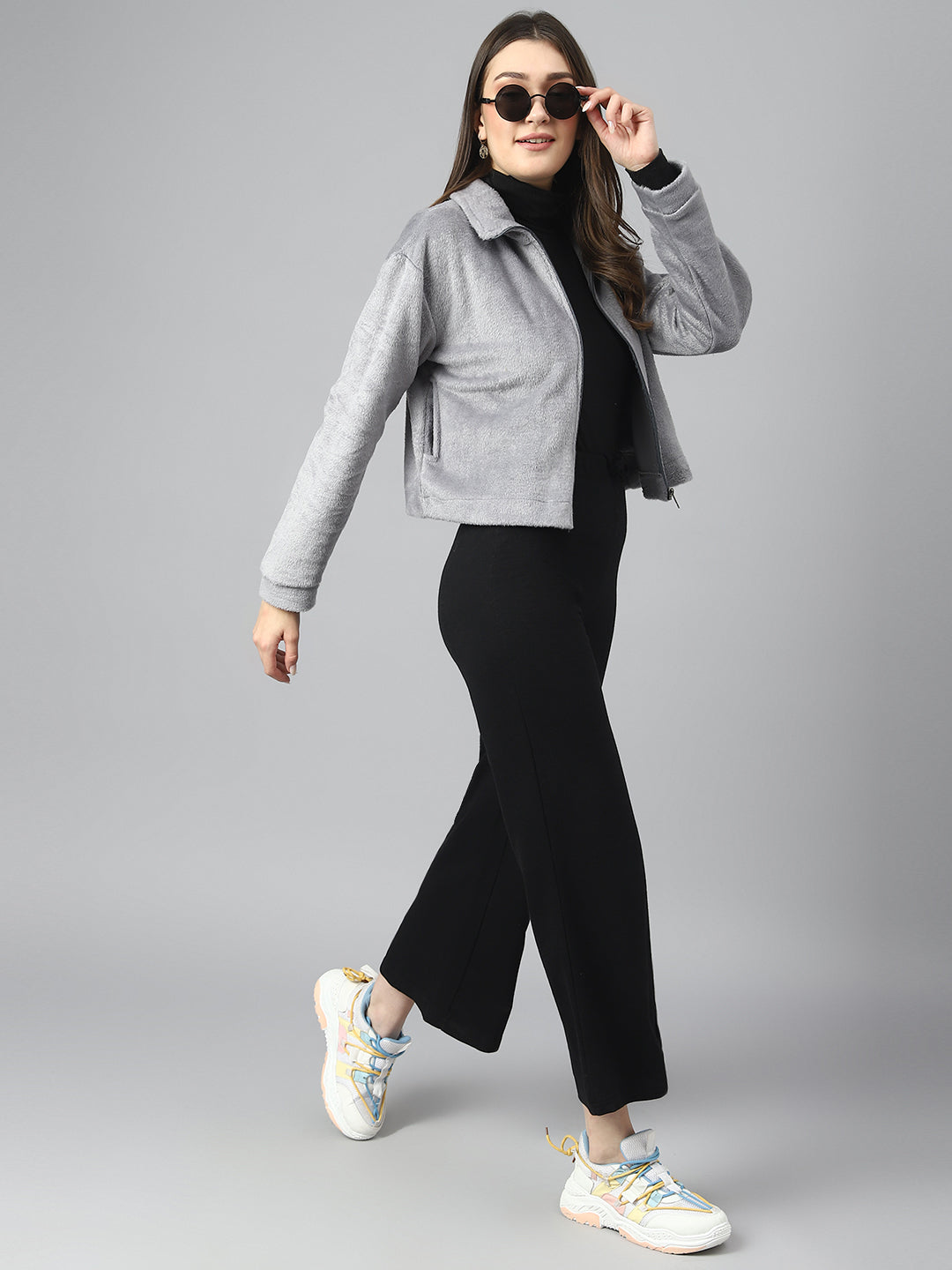 Grey Oversized Fur Zipper