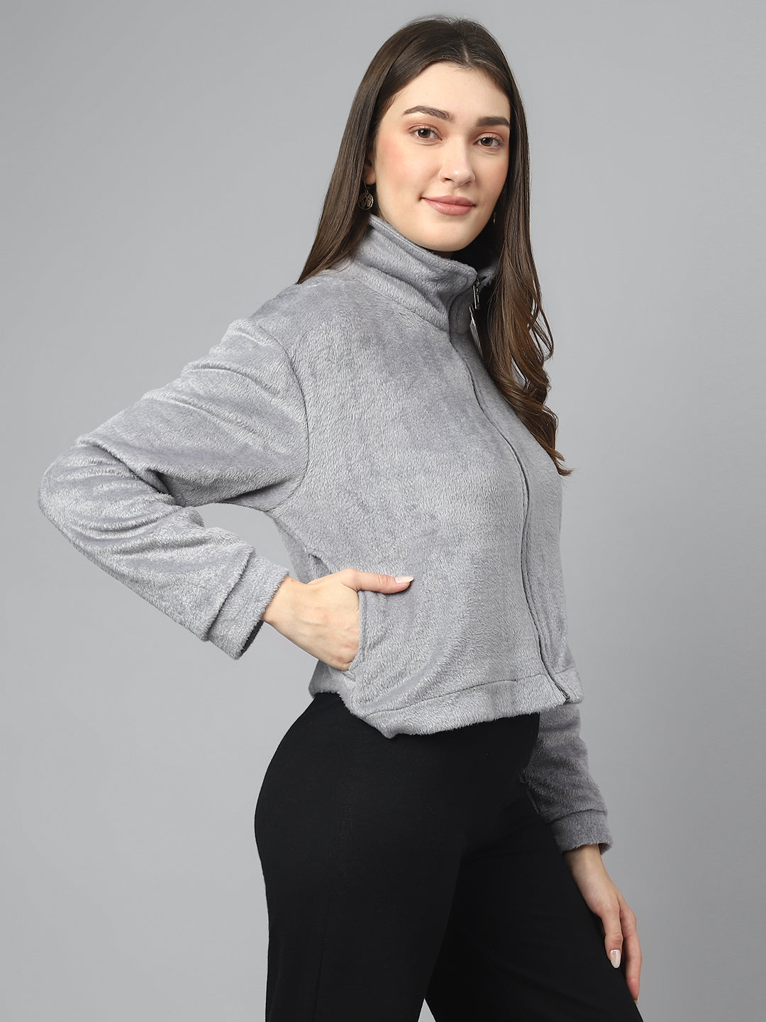 Grey Oversized Fur Zipper