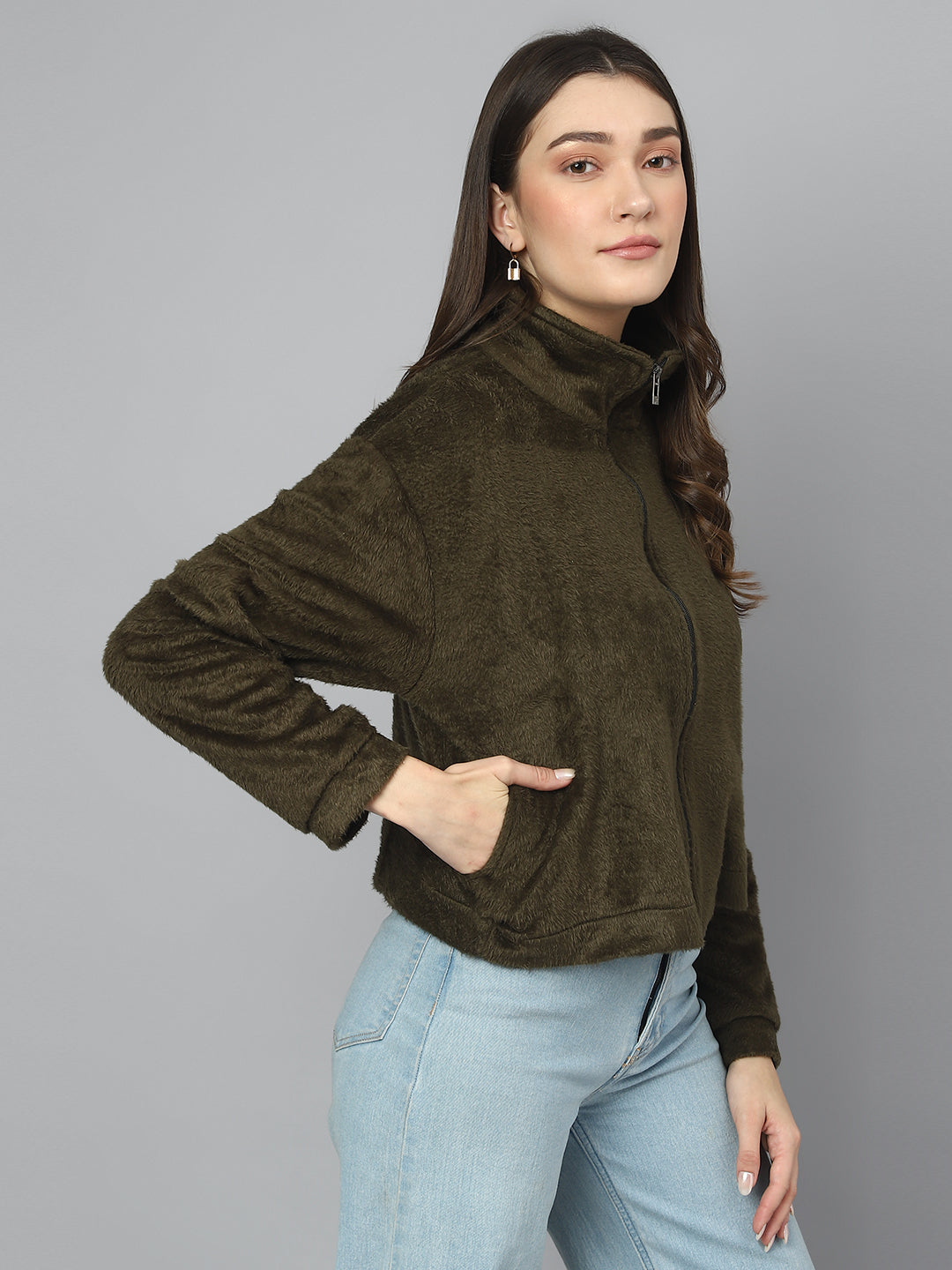 Olive Oversized Fur Zipper