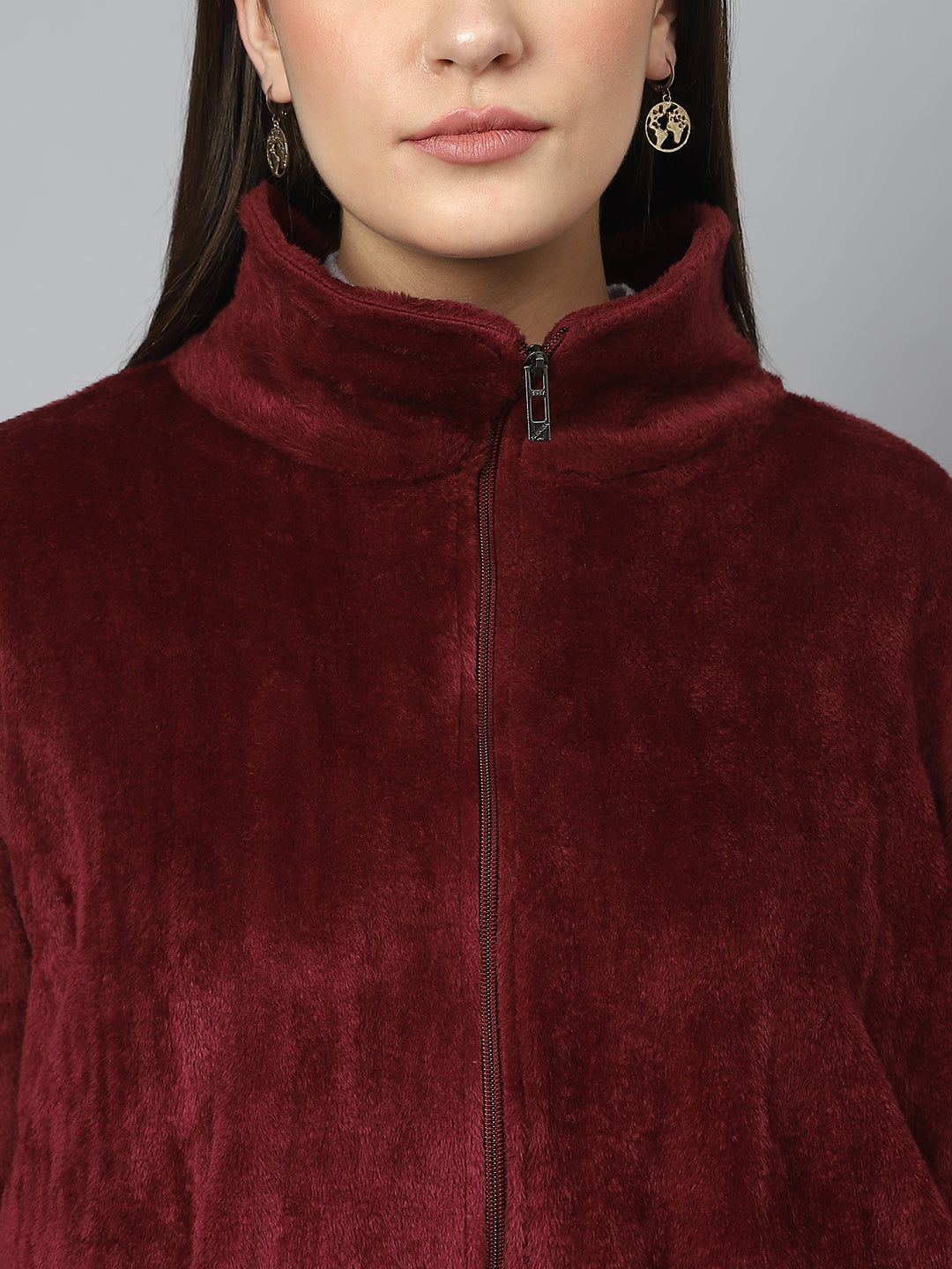Wine Oversized Fur Zipper