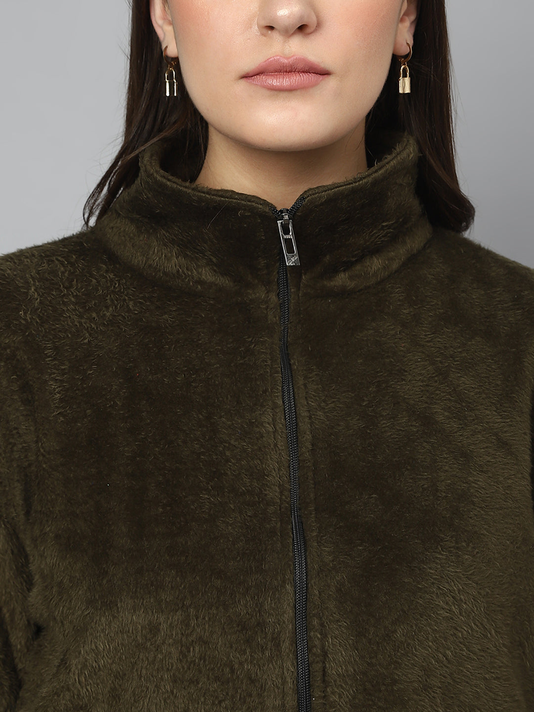 Olive Oversized Fur Zipper