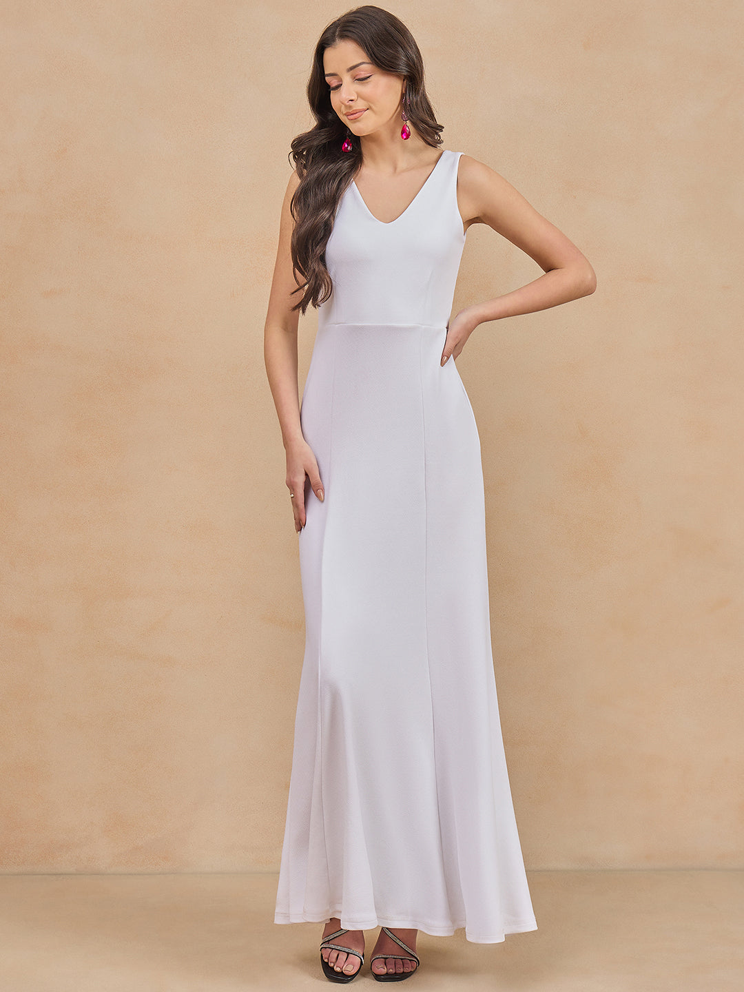 Solid Sleeveless V Neck Maxi Gown