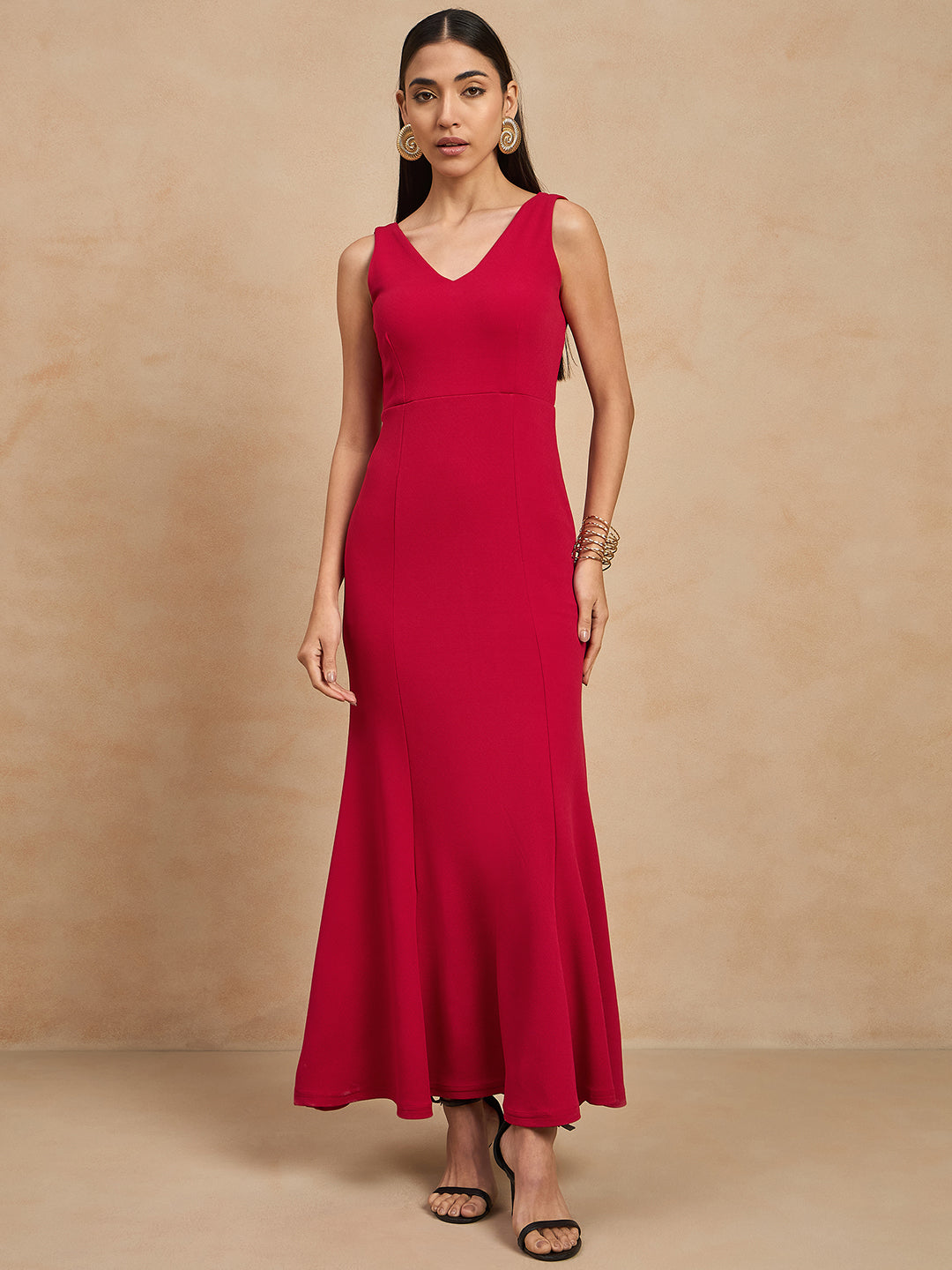 Solid Sleeveless V Neck Maxi Gown