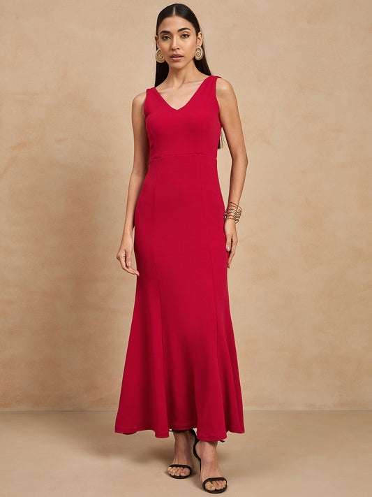 Solid Sleeveless V Neck Maxi Gown