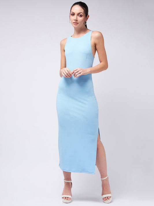 Ice Blue Side Slit Fitted Dress