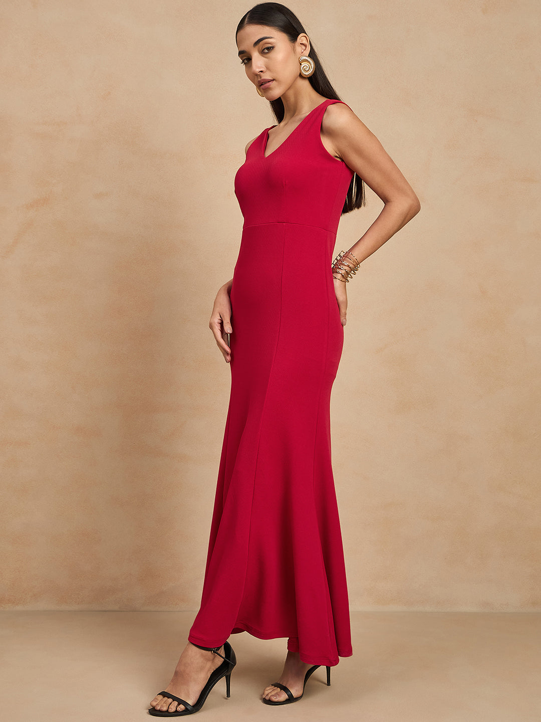 Solid Sleeveless V Neck Maxi Gown