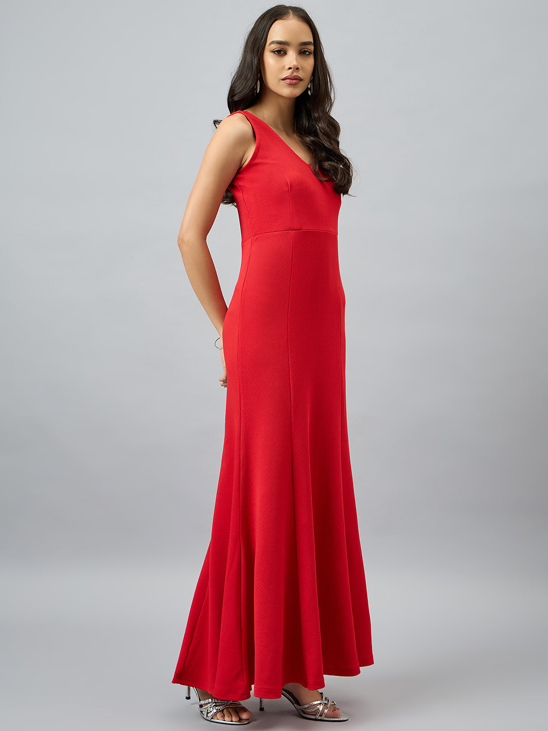 Solid Sleeveless V Neck Maxi Gown
