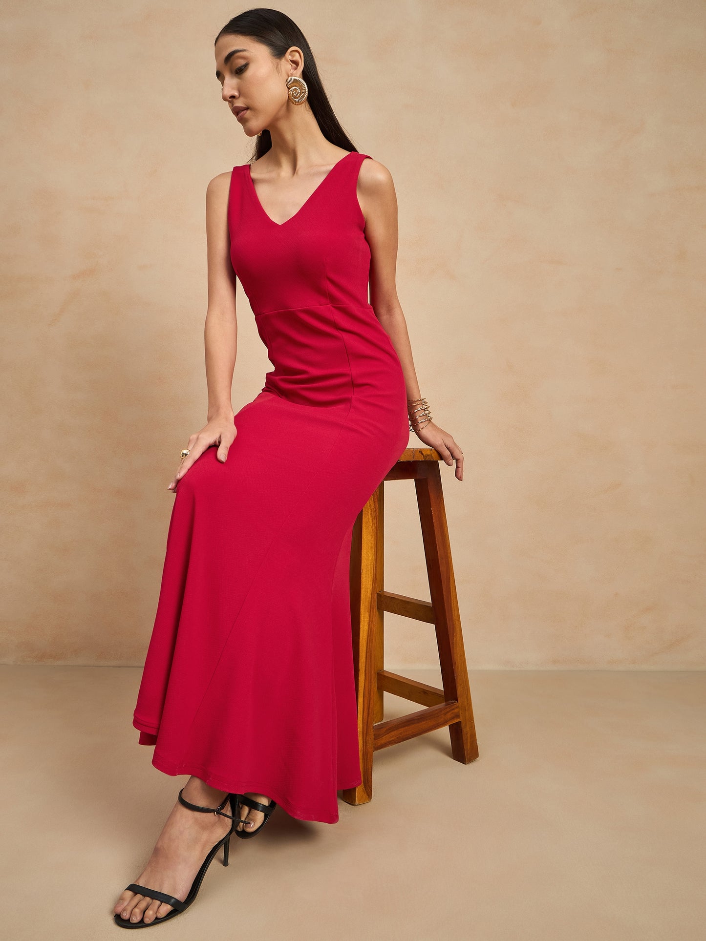 Solid Sleeveless V Neck Maxi Gown