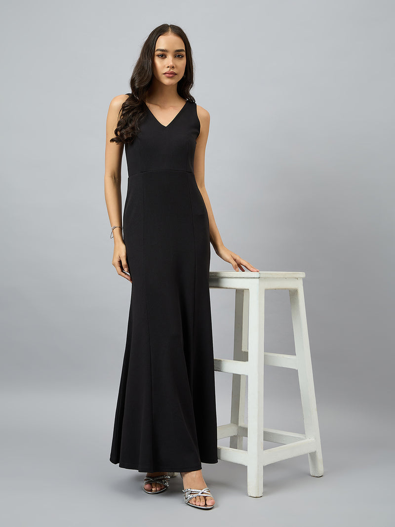 Solid Sleeveless V Neck Maxi Gown