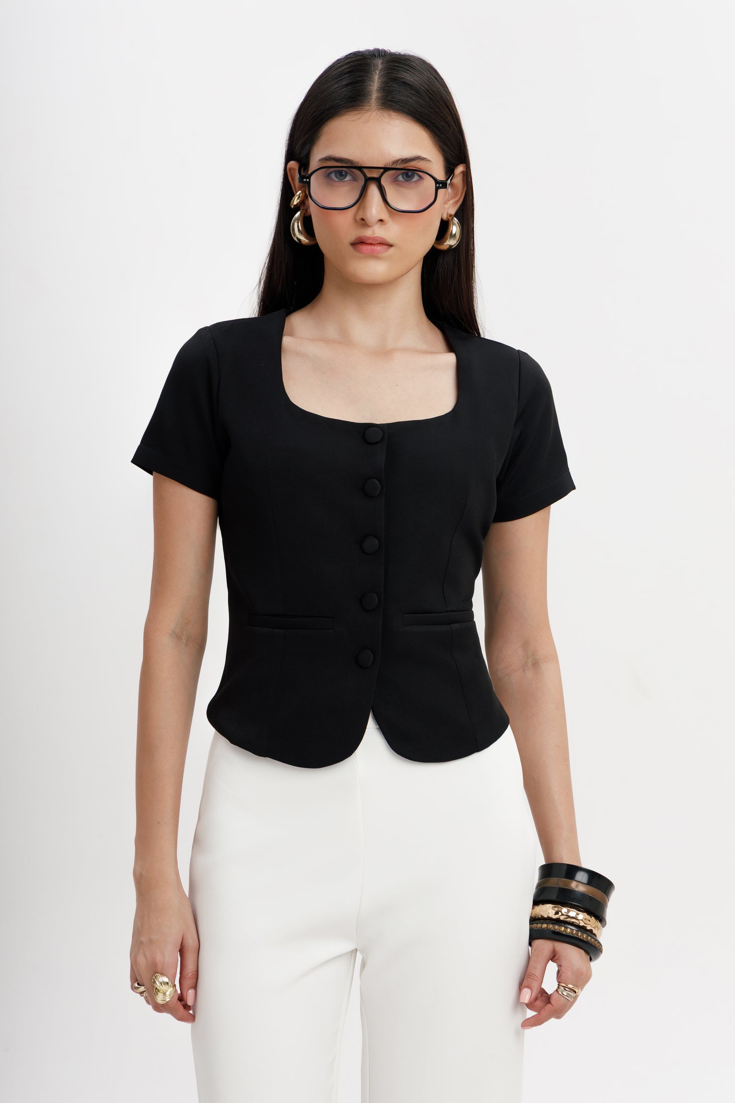 Buttoned Square Neck Top