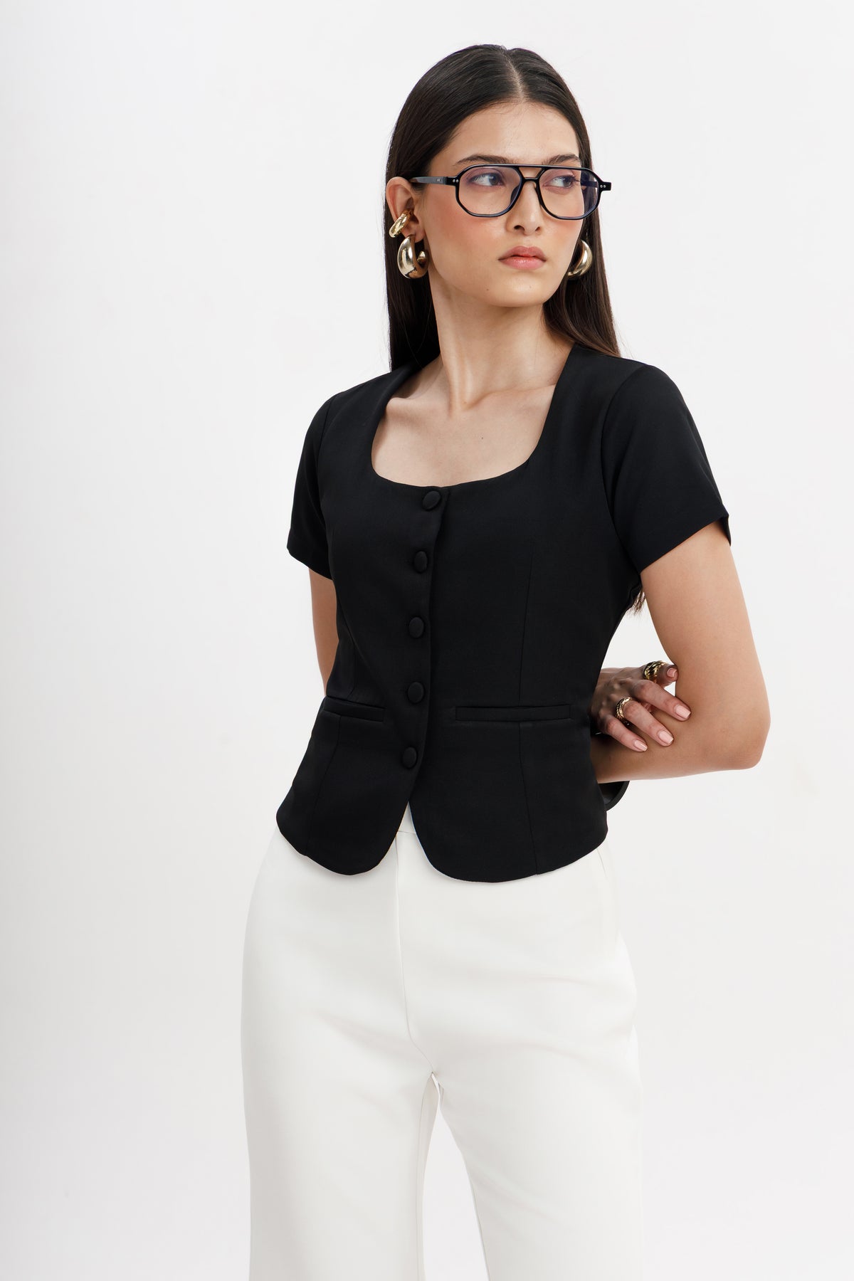 Buttoned Square Neck Top