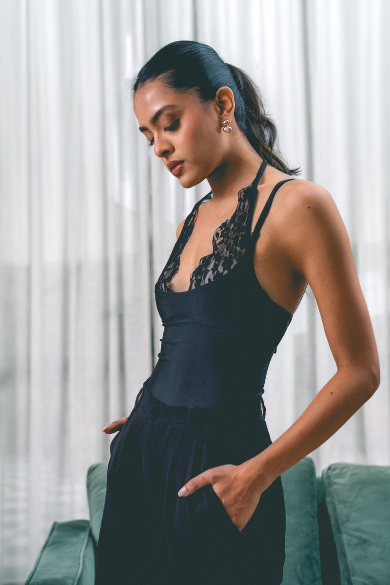 Halter Bodysuit With Lace Trim