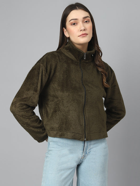 Olive Oversized Fur Zipper