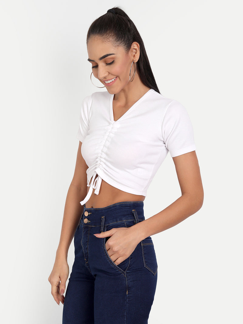 White Ribbed Tie Up Top